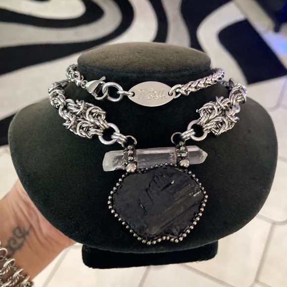 Natural black tourmaline & clear crystal quartz charm boho goth maille necklace - Picture 11 of 13